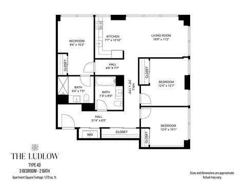 Floor plan for 3 beds, 2 baths, 1173 sqft